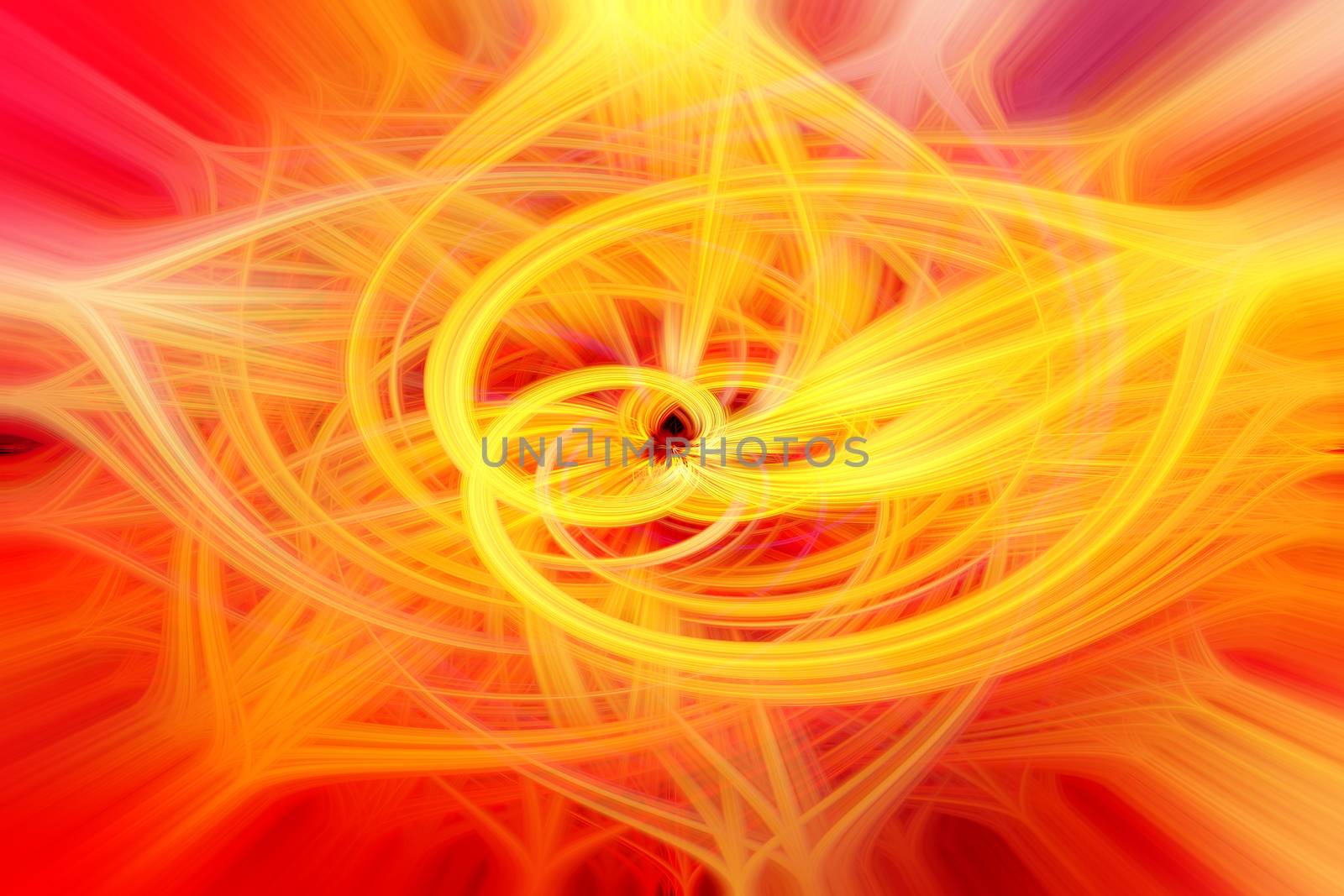 Beautiful abstract intertwined glowing 3d fibers forming a shape of star, sparkle, flame, flower, interlinked hearts. Yellow, orange, and red colors. Illustration.