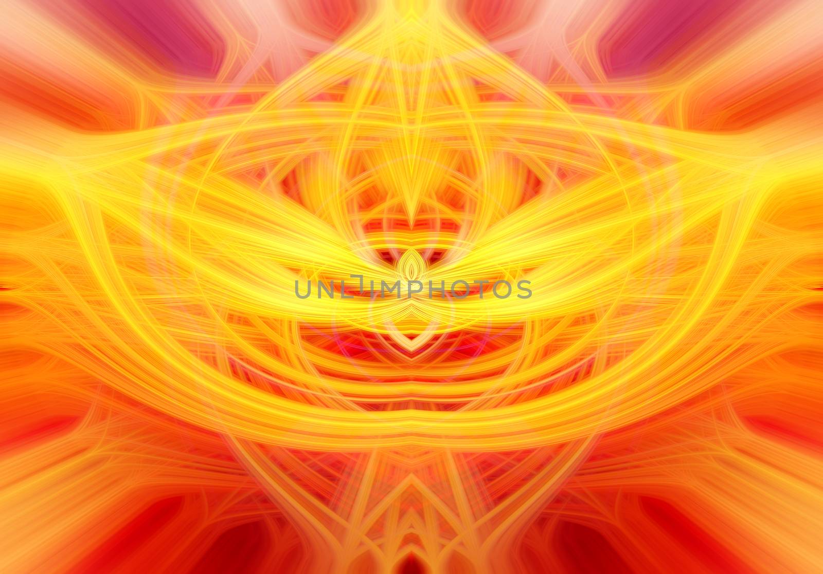 Beautiful abstract intertwined glowing 3d fibers forming a shape of star, sparkle, flame, flower, interlinked hearts. Yellow, orange, and red colors. Illustration.