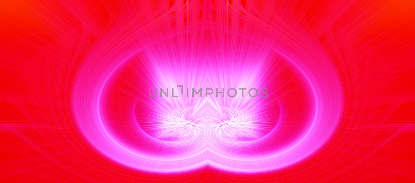 Beautiful abstract intertwined glowing 3d fibers forming a shape of sparkle, flame, flower, interlinked hearts. Bright red and pink colors. Banner size. Illustration.