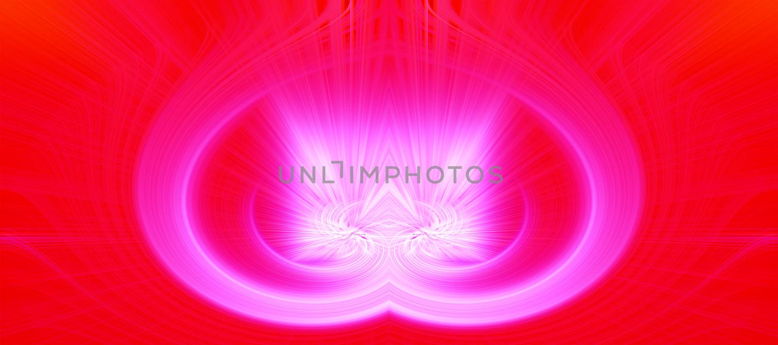 Beautiful abstract intertwined glowing 3d fibers forming a shape of sparkle, flame, flower, interlinked hearts. Bright red and pink colors. Banner size. Illustration.