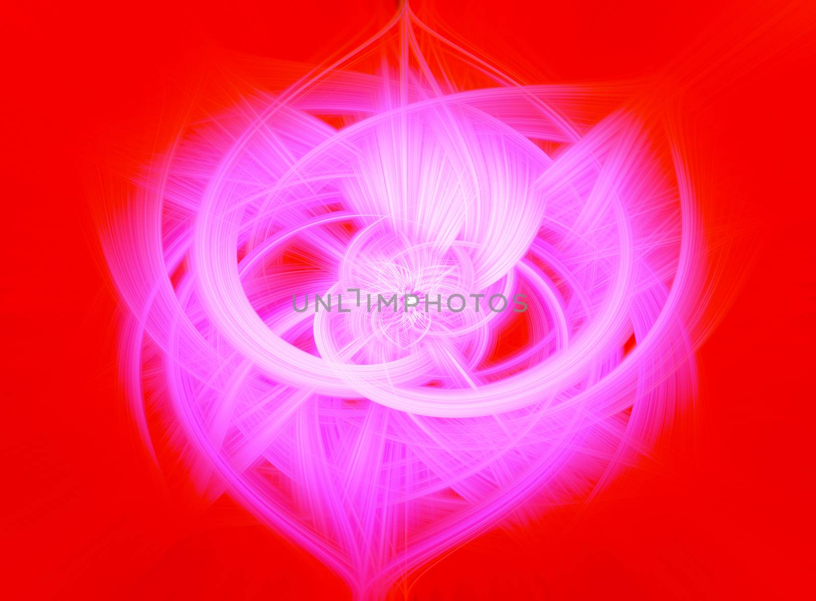 Beautiful abstract intertwined glowing 3d fibers forming a shape of sparkle, flame, flower, interlinked hearts. Bright red and pink colors. Illustration.
