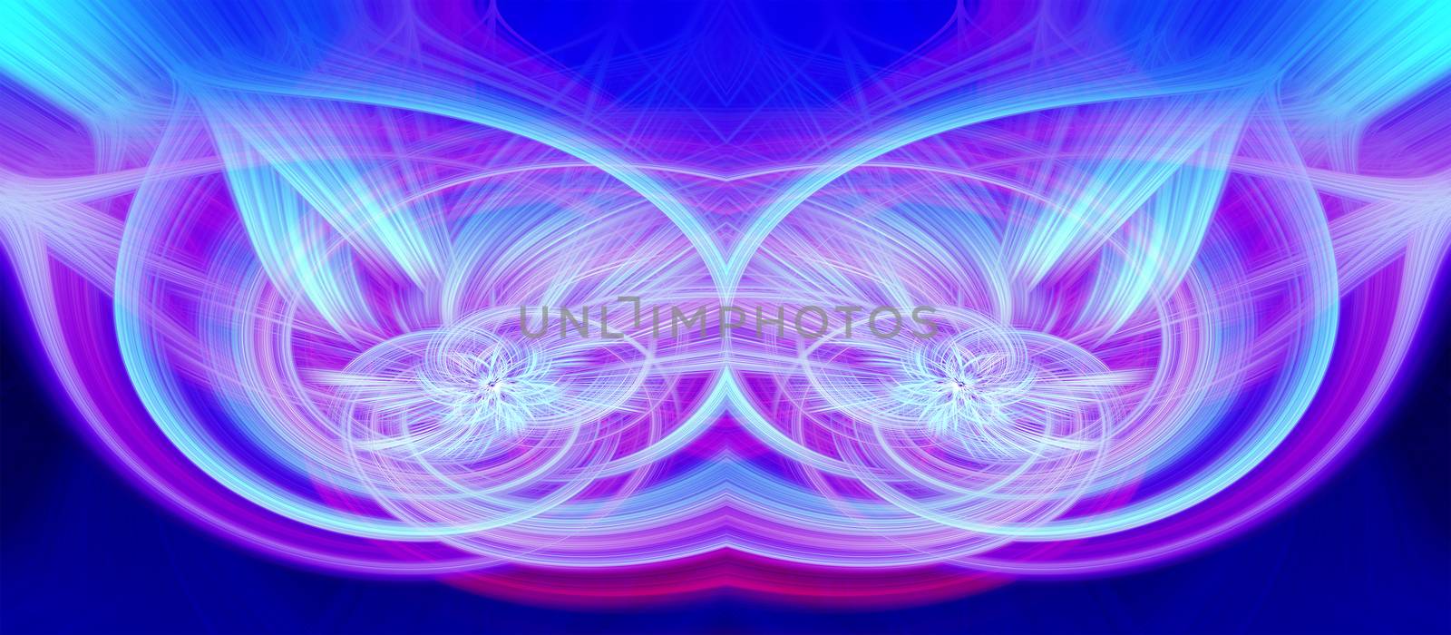 Beautiful abstract intertwined glowing 3d fibers forming a shape of sparkle, flame, flower, interlinked hearts. Blue, maroon, cyan, and purple colors. Banner size. Illustration.