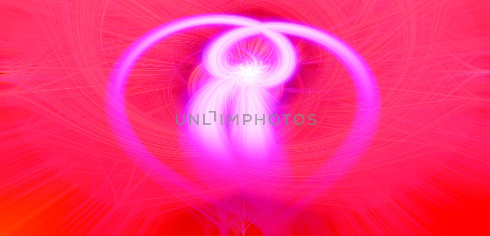 Beautiful abstract intertwined glowing 3d fibers forming a shape of sparkle, flame, flower, interlinked hearts. Bright red and pink colors. St. Valentines day concept. Banner size. Illustration by DamantisZ