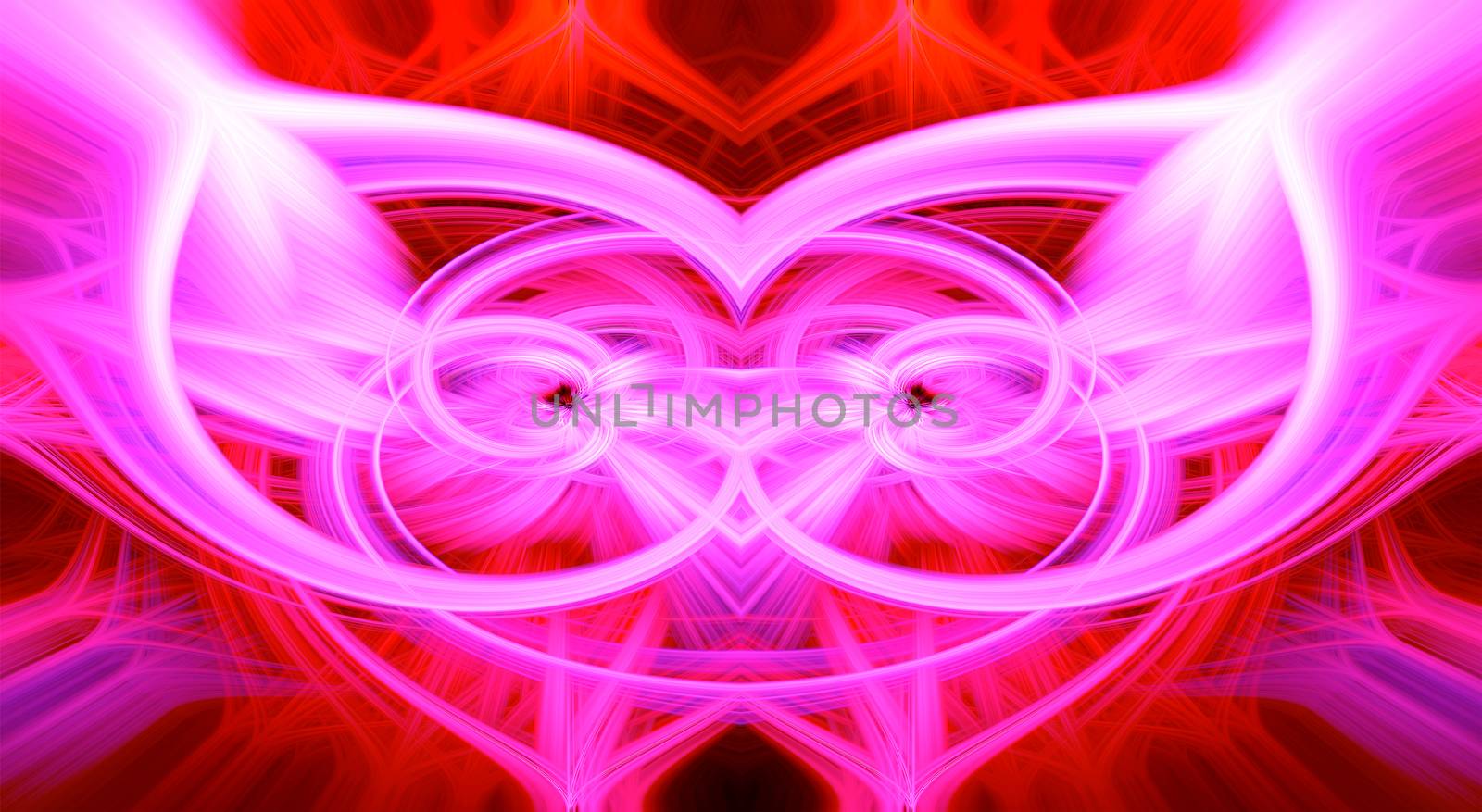 Beautiful abstract intertwined glowing 3d fibers forming a shape of sparkle, flame, flower, interlinked hearts. Purple, maroon, pink, and red colors. Amazing depth. Illustration.