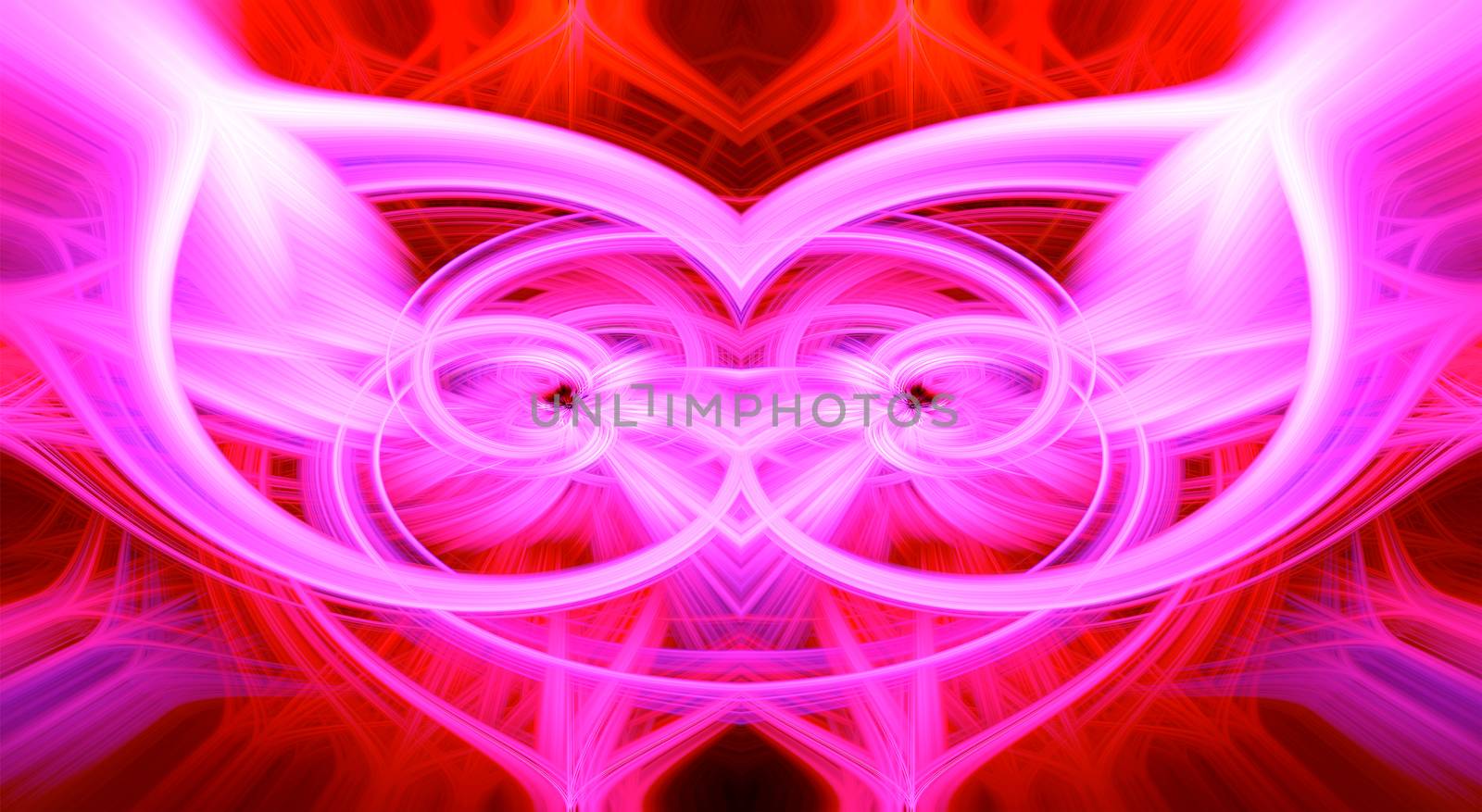 Beautiful abstract intertwined glowing 3d fibers forming a shape of sparkle, flame, flower, interlinked hearts. Purple, maroon, pink, and red colors. Amazing depth. Illustration.