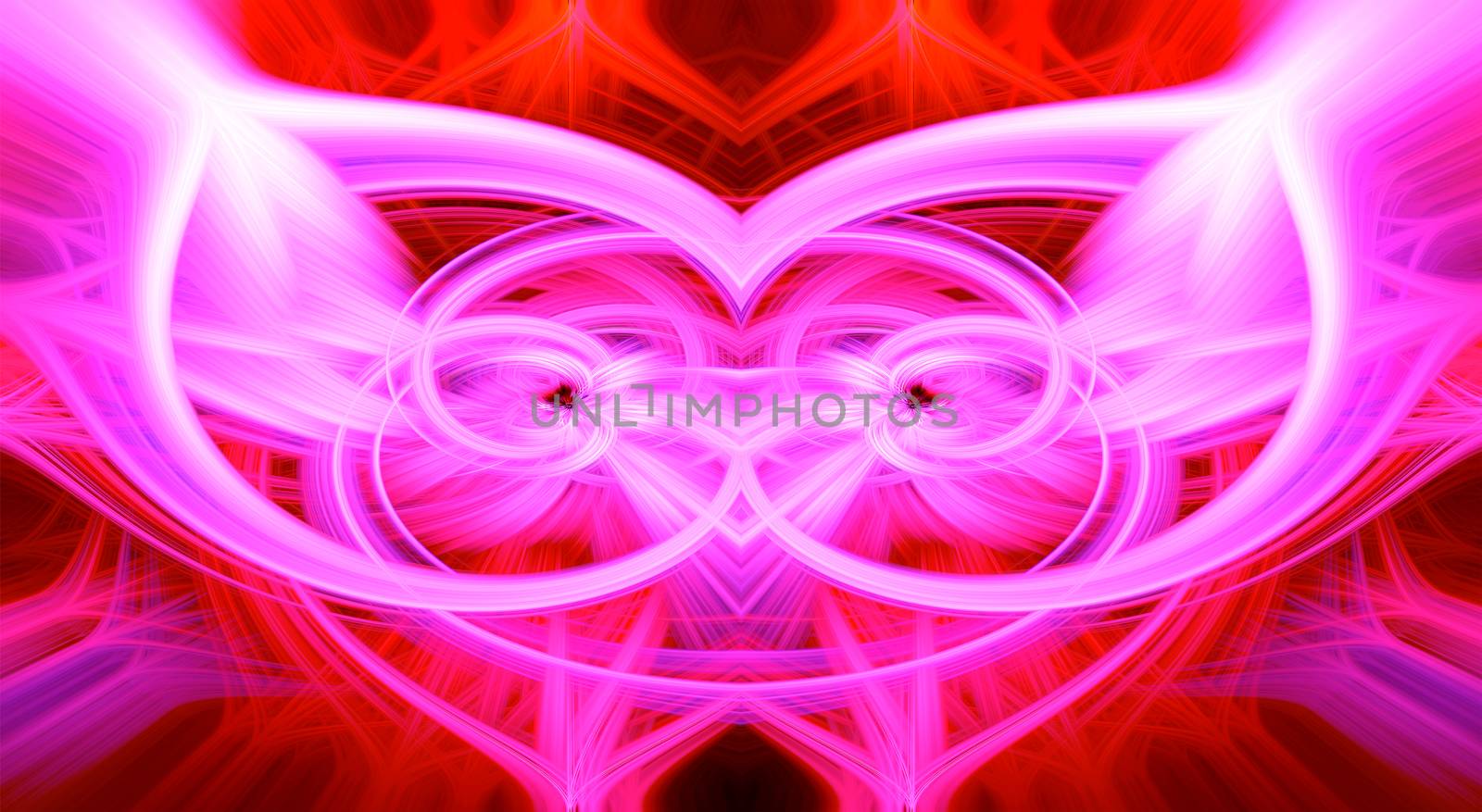 Beautiful abstract intertwined glowing 3d fibers forming a shape of sparkle, flame, flower, interlinked hearts. Purple, maroon, pink, and red colors. Illustration by DamantisZ