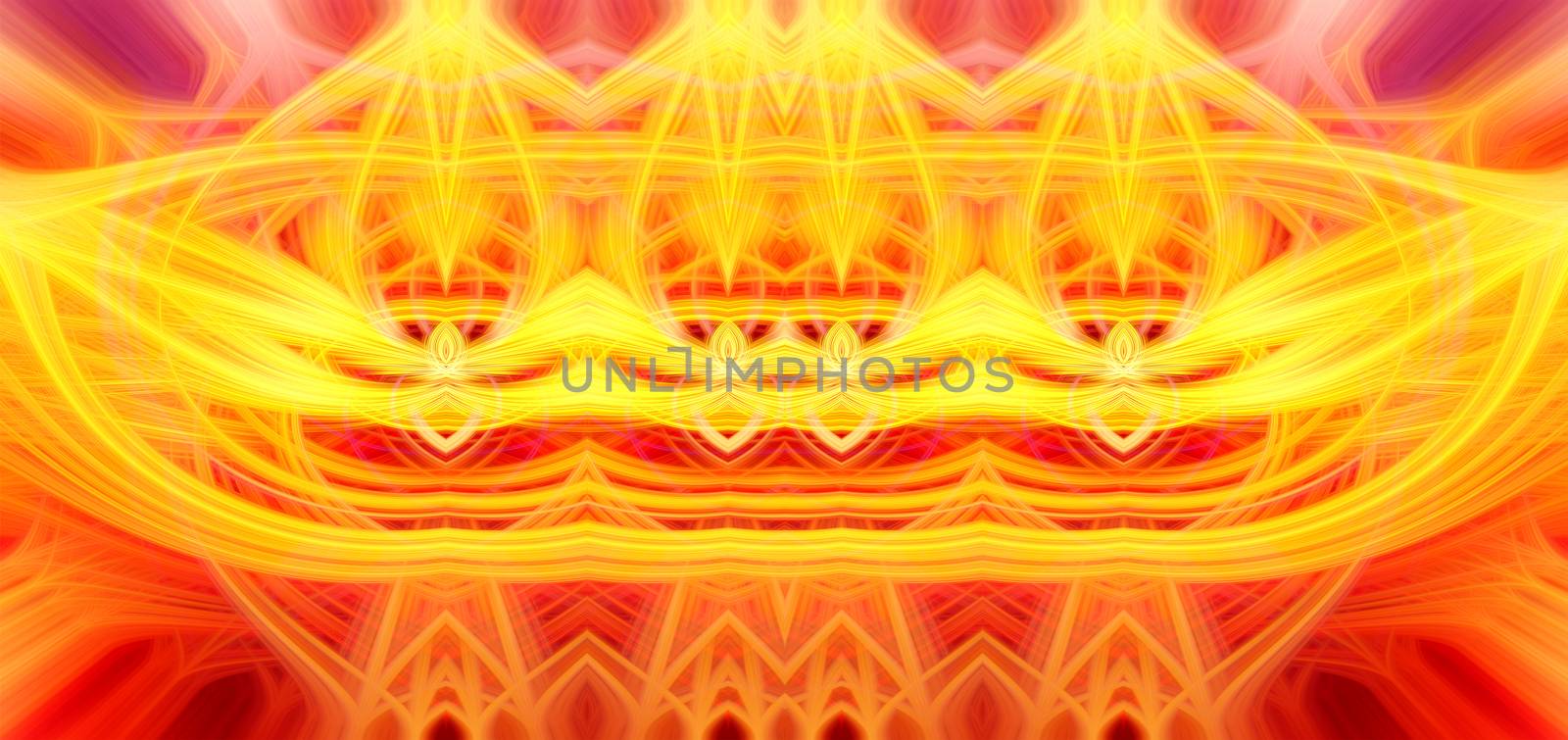 Beautiful abstract intertwined glowing 3d fibers forming a shape of sparkle, flame, flower, interlinked hearts. Yellow, orange, and red colors. Banner size. Illustration.