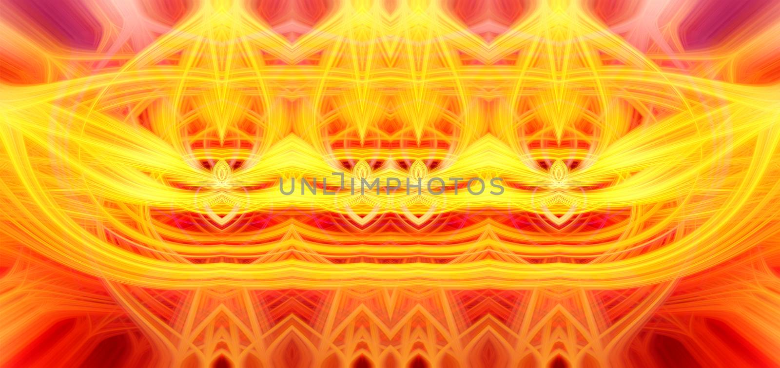 Beautiful abstract intertwined glowing 3d fibers forming a shape of sparkle, flame, flower, interlinked hearts. Yellow, orange, and red colors. Banner size. Illustration.