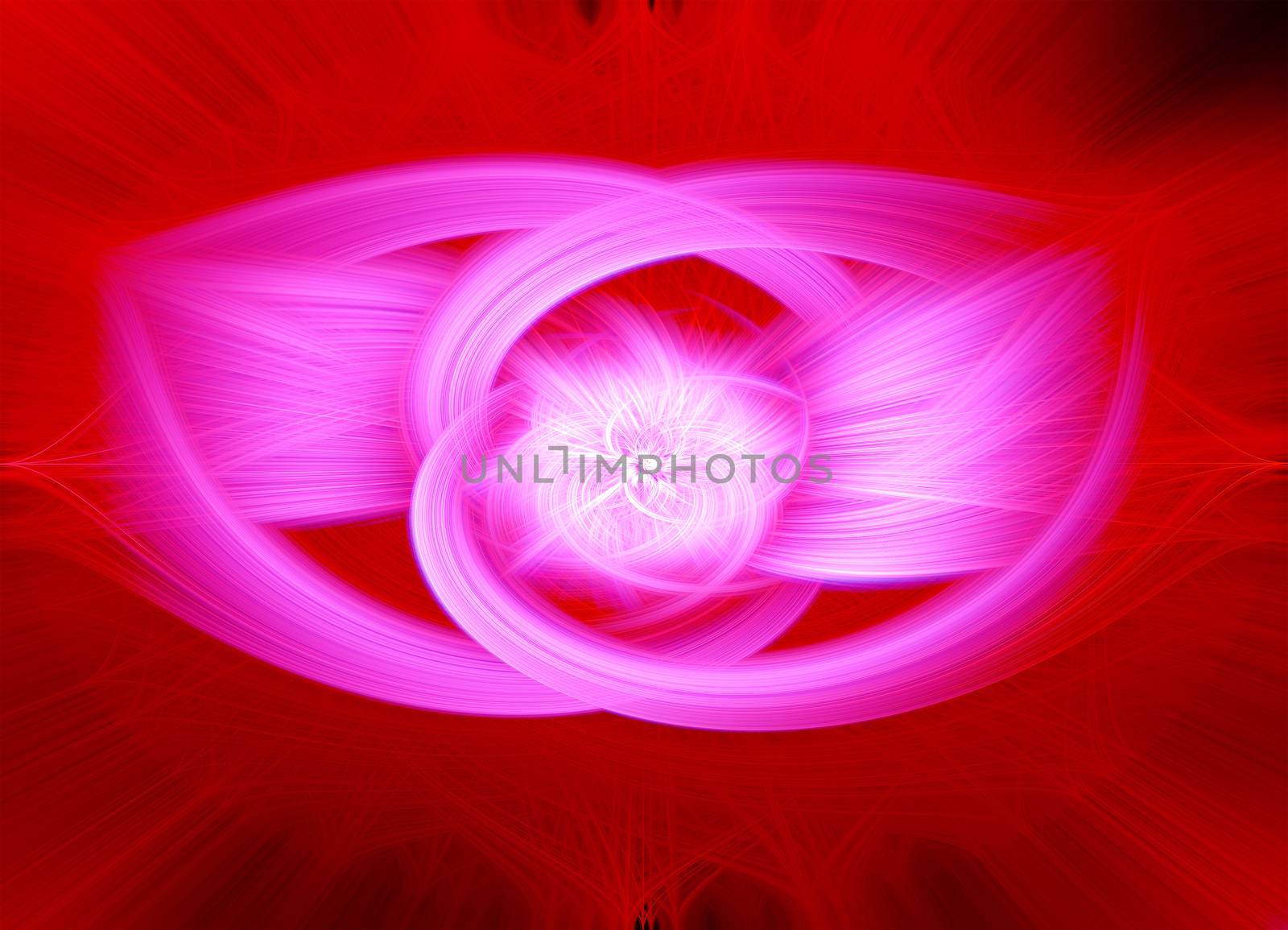 Beautiful abstract intertwined glowing 3d fibers forming a shape of sparkle, flame, flower, interlinked hearts. Maroon, white, red, and pink colors. Illustration.