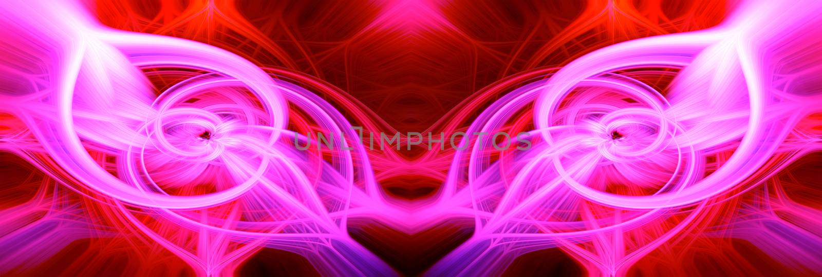 Beautiful abstract intertwined glowing 3d fibers forming a shape of pointy domes, sparkle, flame, flower, interlinked hearts. Purple, maroon, pink, and red colors. Banner size. Illustration.