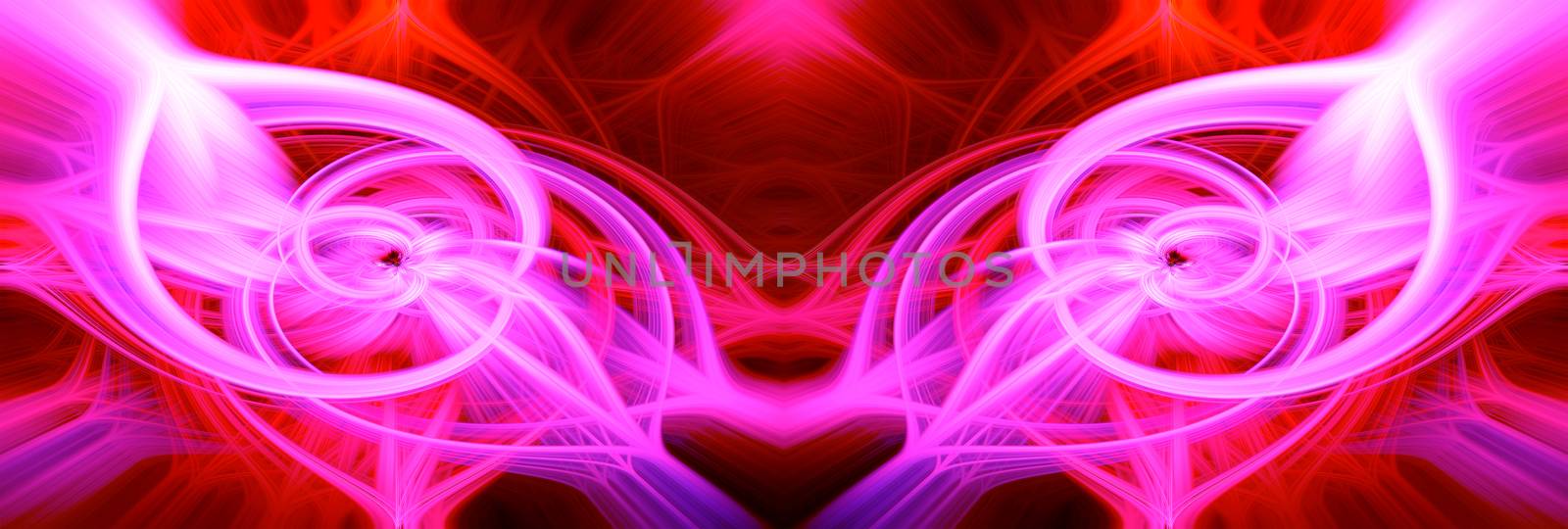 Beautiful abstract intertwined glowing 3d fibers forming a shape of pointy domes, sparkle, flame, flower, interlinked hearts. Purple, maroon, pink, and red colors. Banner size. Illustration.