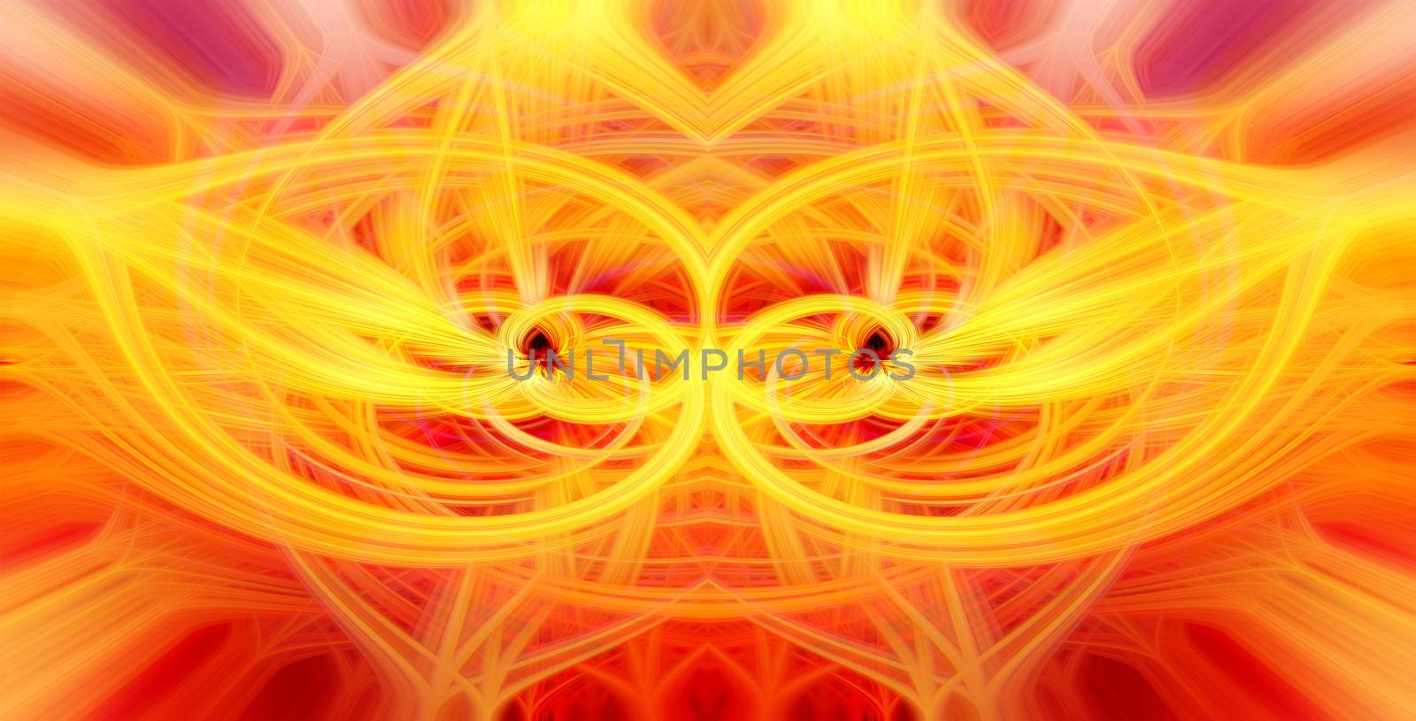 Beautiful abstract intertwined glowing 3d fibers forming a shape of sparkle, flame, flower, interlinked hearts. Yellow, orange, and red colors. Illustration.