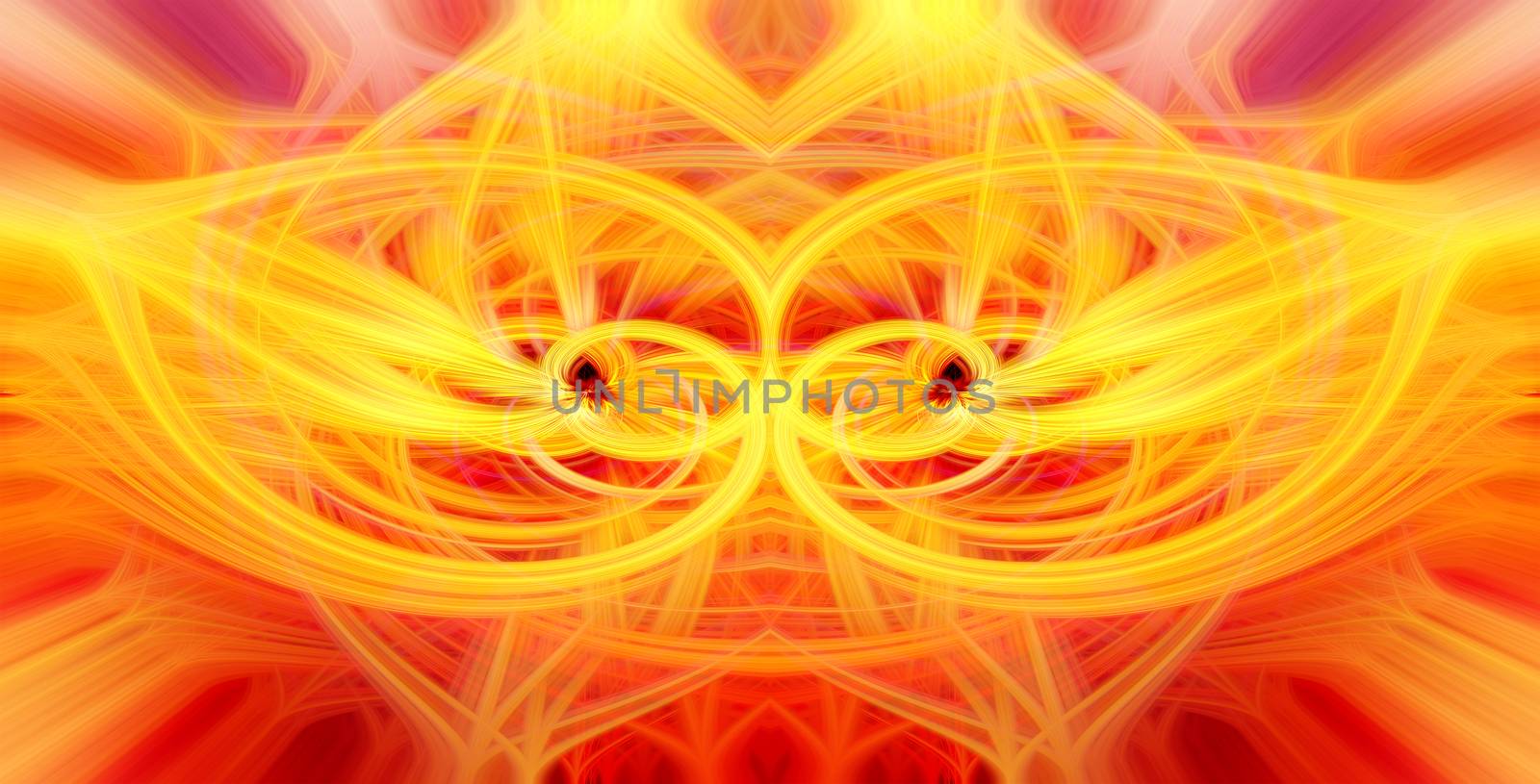 Beautiful abstract intertwined glowing 3d fibers forming a shape of sparkle, flame, flower, interlinked hearts. Yellow, orange, and red colors. Illustration.