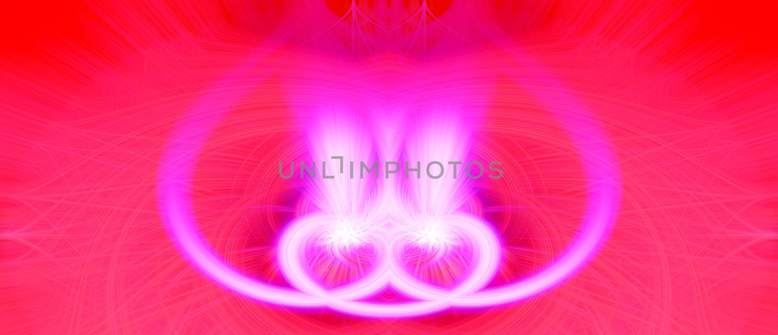 Beautiful abstract intertwined glowing 3d fibers forming a shape of sparkle, flame, flower, interlinked hearts. Bright red and pink colors. St. Valentines day concept. Banner size. Illustration by DamantisZ