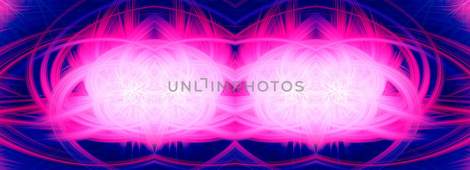 Beautiful abstract intertwined glowing 3d fibers forming a shape of sparkle, flame, flower, interlinked hearts. Blue, maroon, pink, and purple colors. Banner size. Illustration by DamantisZ