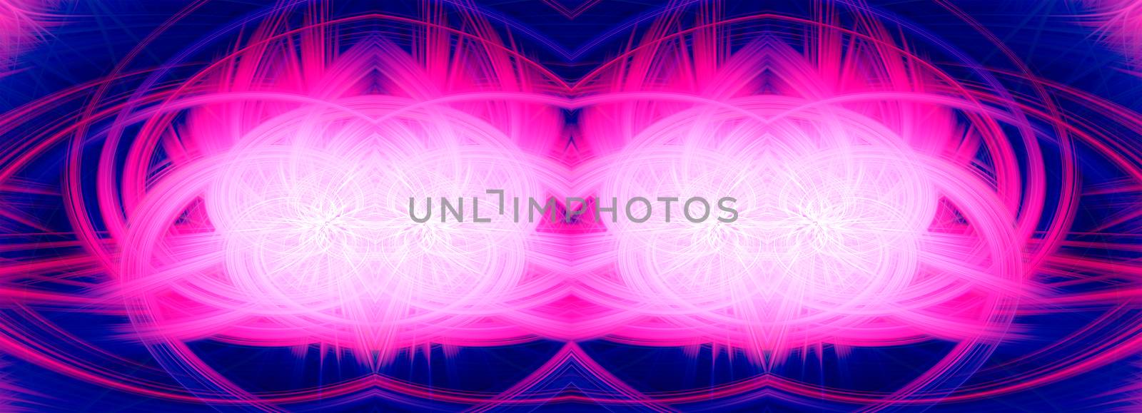 Beautiful abstract intertwined glowing 3d fibers forming a shape of sparkle, flame, flower, interlinked hearts. Blue, maroon, pink, and purple colors. Banner size. Illustration.
