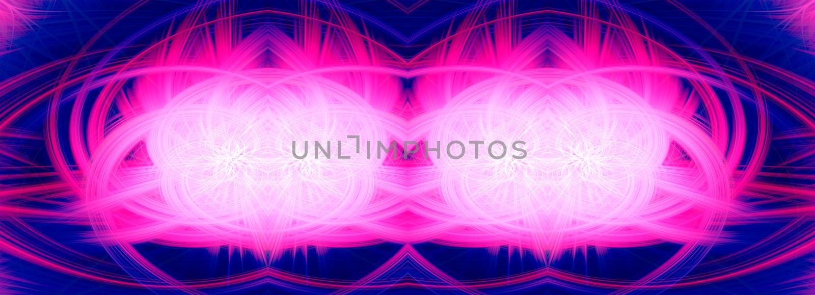 Beautiful abstract intertwined glowing 3d fibers forming a shape of sparkle, flame, flower, interlinked hearts. Blue, maroon, pink, and purple colors. Banner size. Illustration.