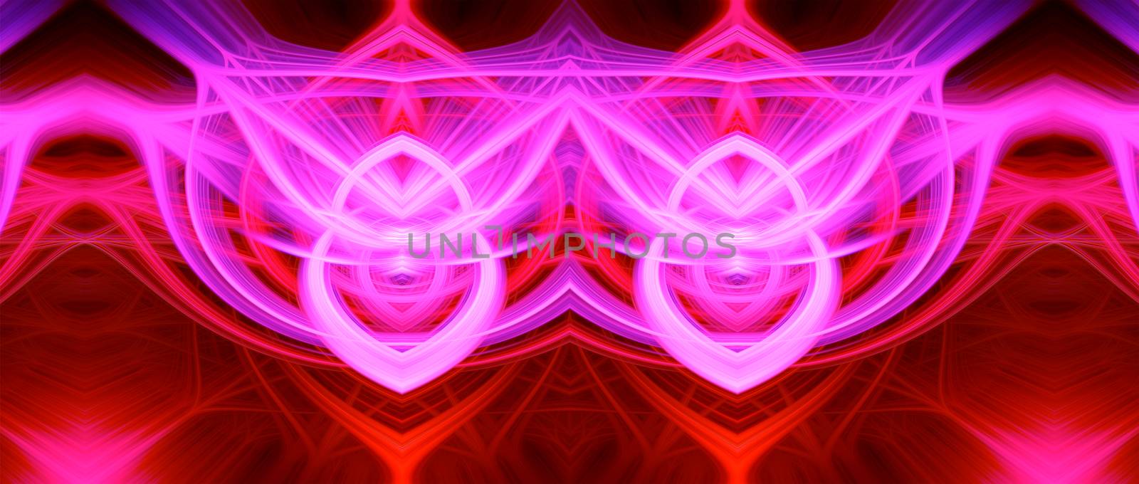 Beautiful abstract intertwined glowing 3d fibers forming a shape of pointy domes, sparkle, flame, flower, interlinked hearts. Purple, maroon, pink, and red colors. Banner size. Illustration.