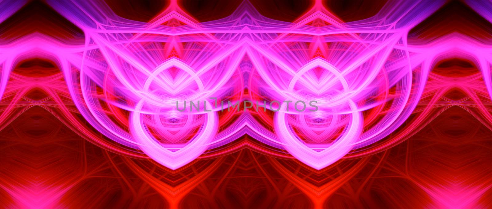 Beautiful abstract intertwined glowing 3d fibers forming a shape of pointy domes, sparkle, flame, flower, interlinked hearts. Purple, maroon, pink, and red colors. Banner size. Illustration by DamantisZ