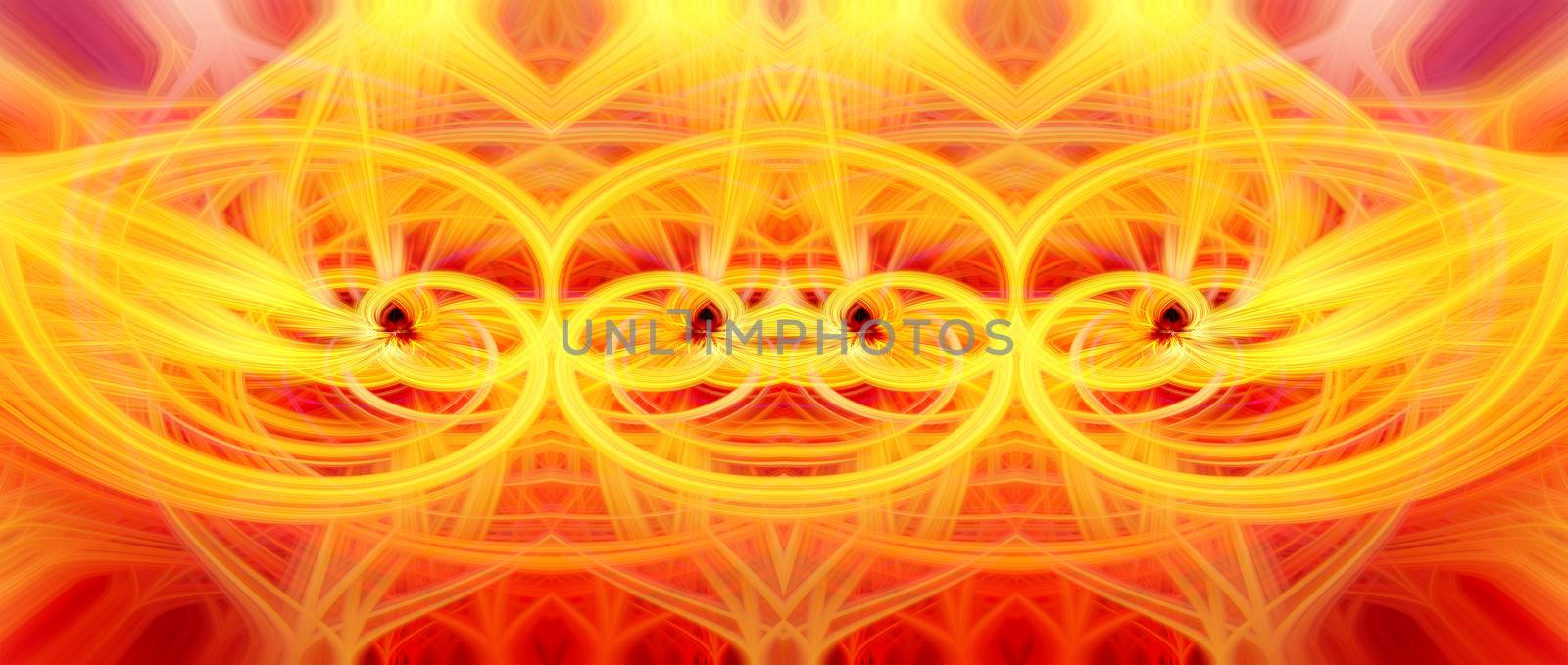 Beautiful abstract intertwined glowing 3d fibers forming a shape of sparkle, flame, flower, interlinked hearts. Yellow, orange, and red colors. Banner size. Illustration by DamantisZ