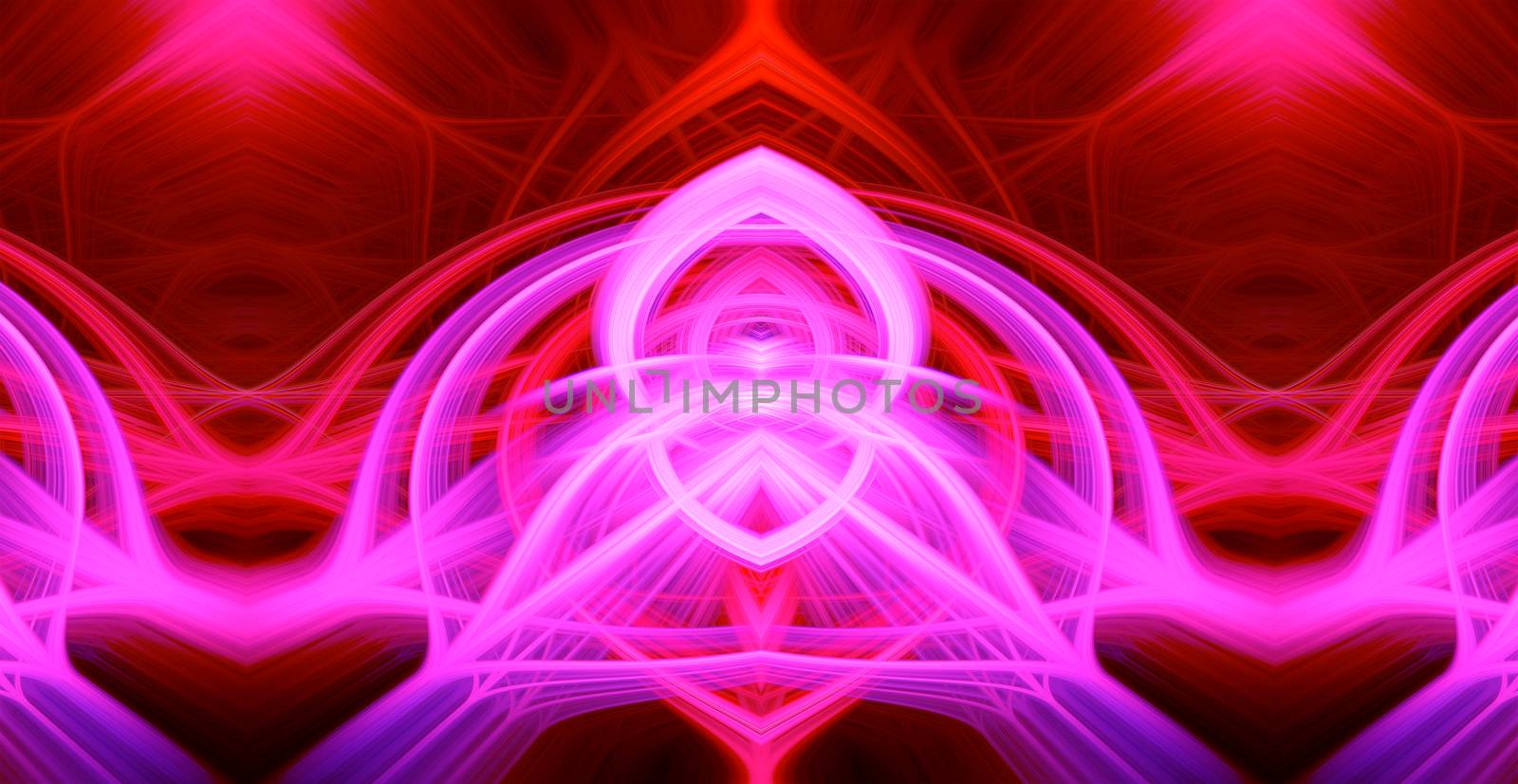Beautiful abstract intertwined glowing 3d fibers forming a shape of pointy domes, sparkle, flame, flower, interlinked hearts. Purple, maroon, pink, and red colors. Illustration.