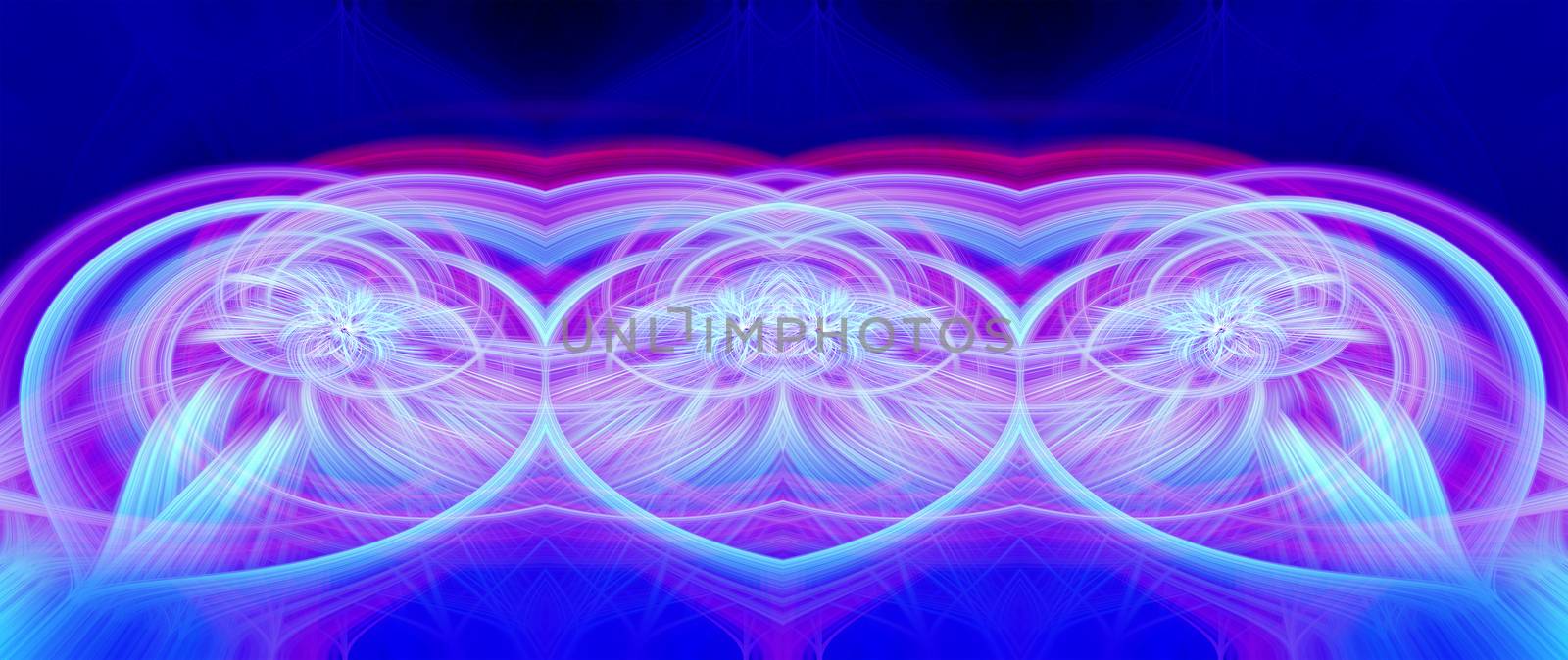 Beautiful abstract intertwined glowing 3d fibers forming a shape of sparkle, flame, flower, interlinked hearts. Blue, maroon, cyan, and purple colors. Banner size. Illustration by DamantisZ