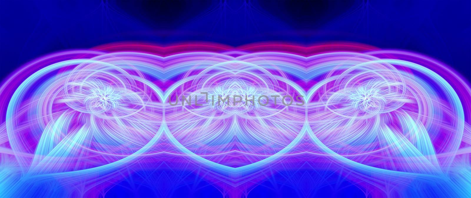 Beautiful abstract intertwined glowing 3d fibers forming a shape of sparkle, flame, flower, interlinked hearts. Blue, maroon, cyan, and purple colors. Banner size. Illustration.