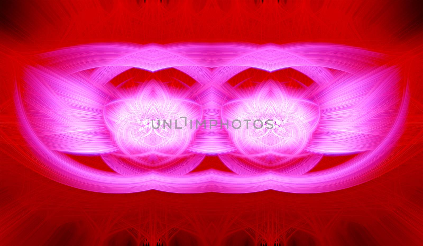 Beautiful abstract intertwined glowing 3d fibers forming a shape of sparkle, flame, flower, interlinked hearts. Maroon, white, red, and pink colors. Banner size. Illustration.