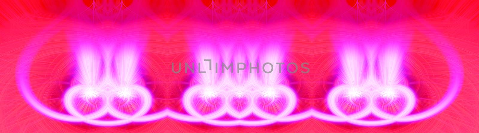 Beautiful abstract intertwined glowing 3d fibers forming a shape of sparkle, flame, flower, interlinked hearts. Bright red and pink colors. St. Valentines day concept. Banner size. Illustration by DamantisZ