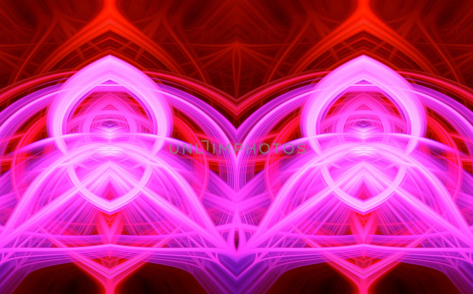 Beautiful abstract intertwined glowing 3d fibers forming a shape of pointy domes, sparkle, flame, flower, interlinked hearts. Purple, maroon, pink, and red colors. Illustration by DamantisZ