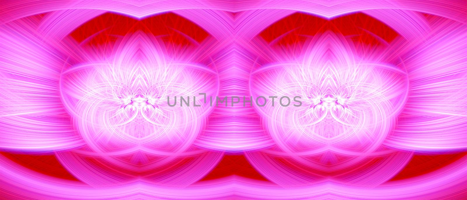 Beautiful abstract intertwined glowing 3d fibers forming a shape of sparkle, flame, flower, interlinked hearts. Bright red, white, and pink colors. Banner size. Illustration.