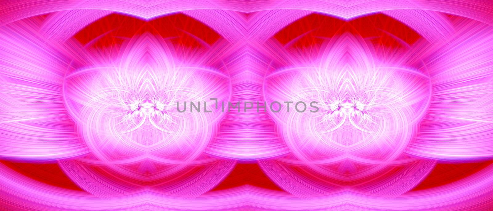 Beautiful abstract intertwined glowing 3d fibers forming a shape of sparkle, flame, flower, interlinked hearts. Bright red, white, and pink colors. Banner size. Illustration.