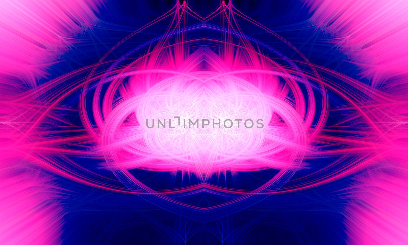 Beautiful abstract intertwined glowinig 3d fibers forming a shape of sparkle, flame, flower, interlinked hearts. Blue, maroon, pink, and purple colors. Illustration.