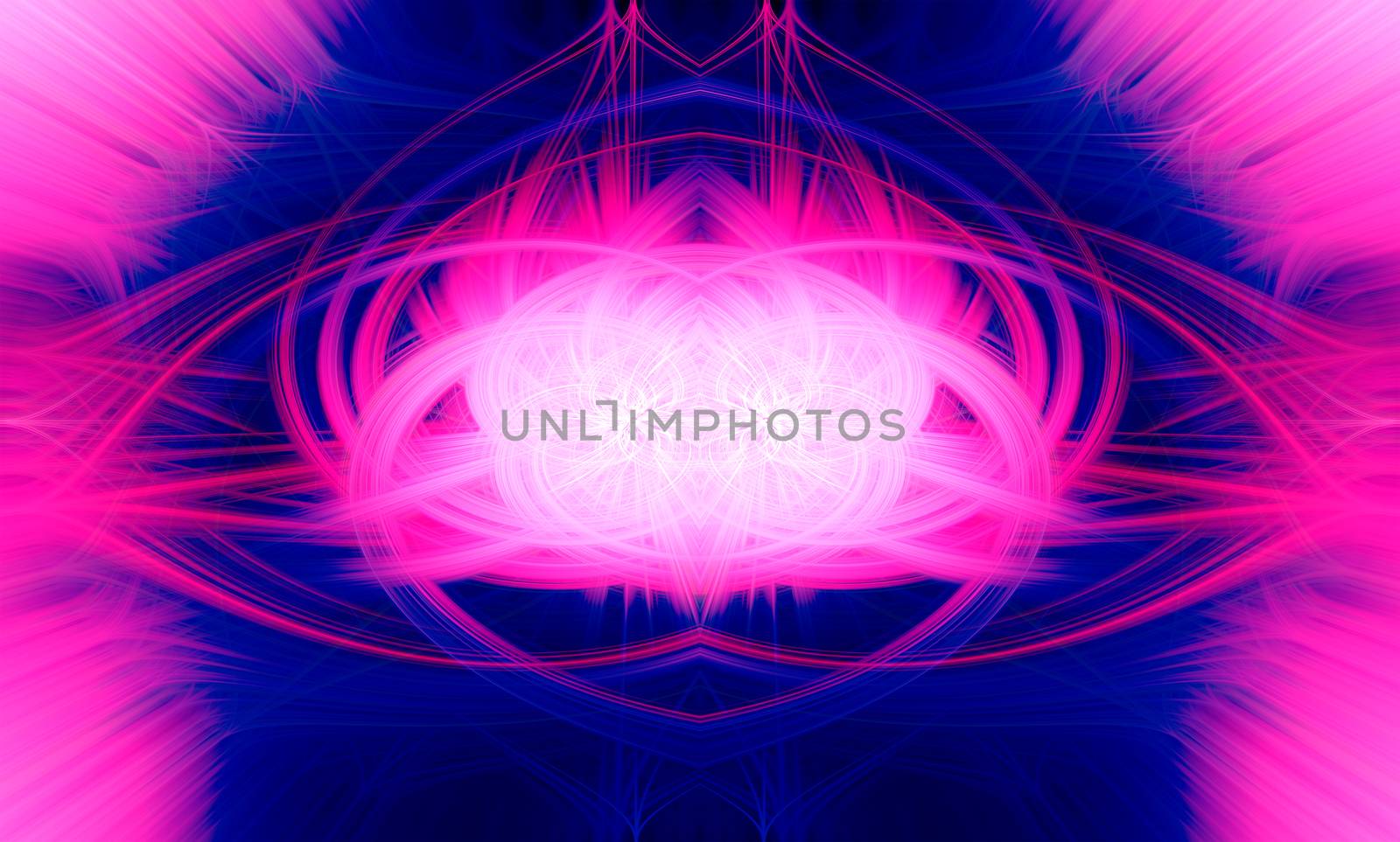 Beautiful abstract intertwined glowinig 3d fibers forming a shape of sparkle, flame, flower, interlinked hearts. Blue, maroon, pink, and purple colors. Illustration.