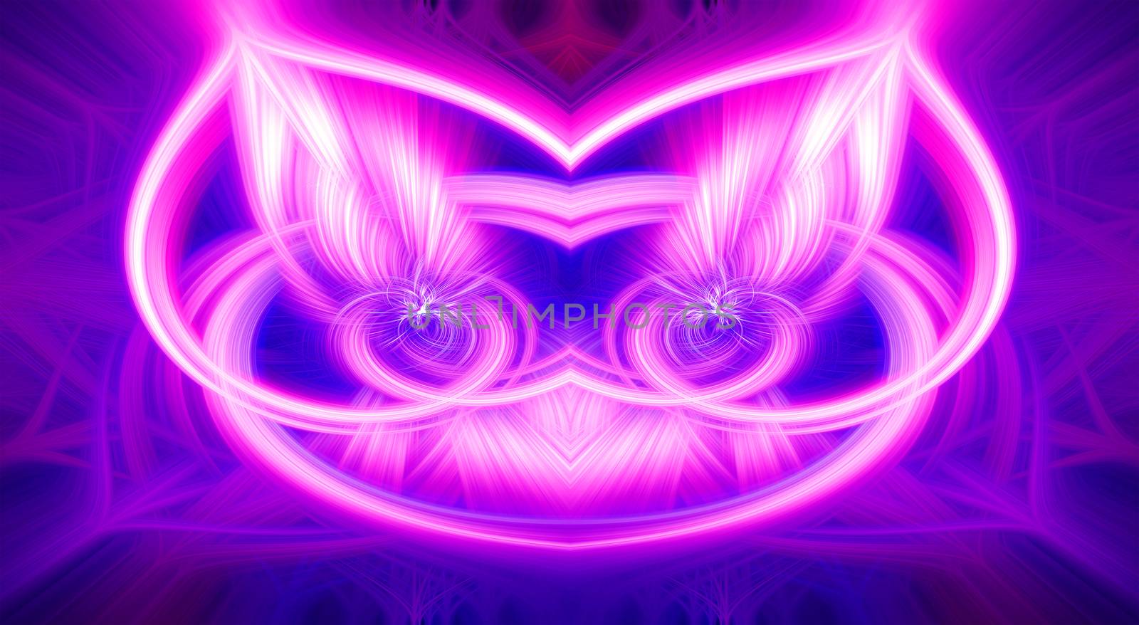Beautiful abstract intertwined glowing 3d fibers forming a shape of sparkle, flame, flower, interlinked hearts and cat looking creature. Blue, maroon, pink, and purple colors. Illustration by DamantisZ