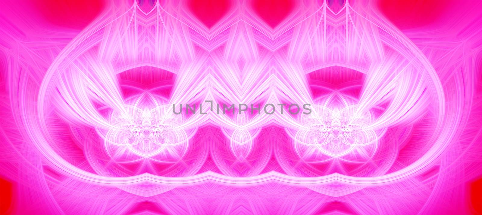 Beautiful abstract intertwined glowing 3d fibers forming a shape of sparkle, flame, flower, interlinked hearts. Bright red, white, and pink colors. Banner size. Illustration.
