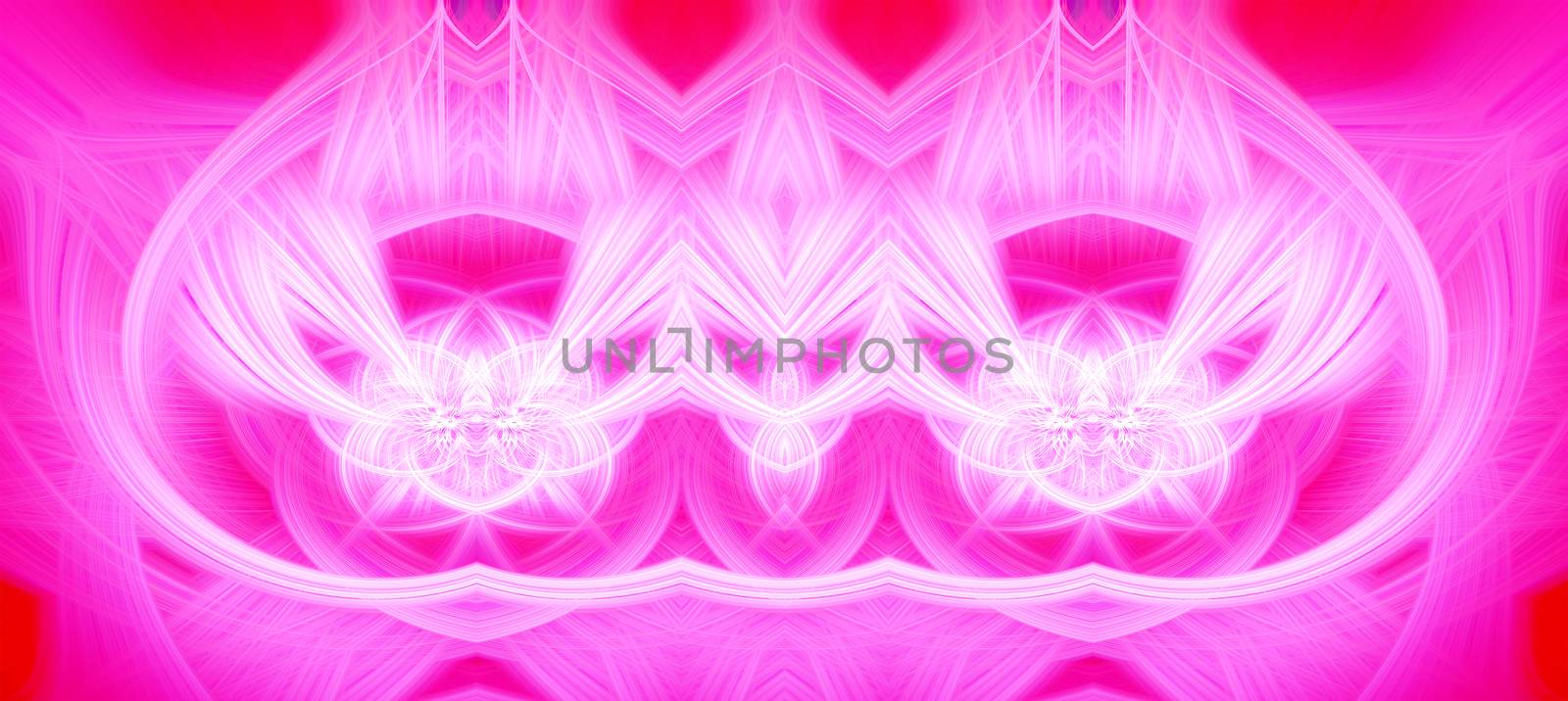 Beautiful abstract intertwined glowing 3d fibers forming a shape of sparkle, flame, flower, interlinked hearts. Bright red, white, and pink colors. Banner size. Illustration by DamantisZ