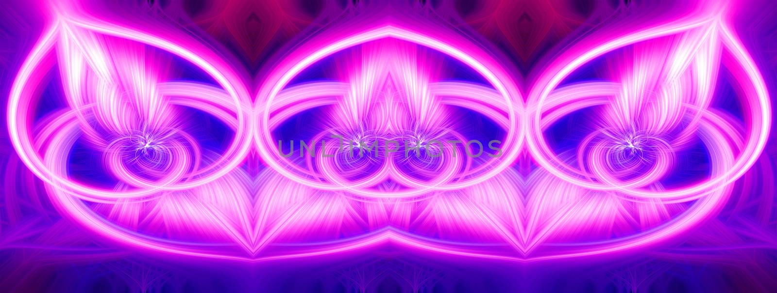 Beautiful abstract intertwined glowing 3d fibers forming a shape of sparkle, flame, flower, interlinked hearts. Blue, maroon, pink, and purple colors. Banner size. Illustration.
