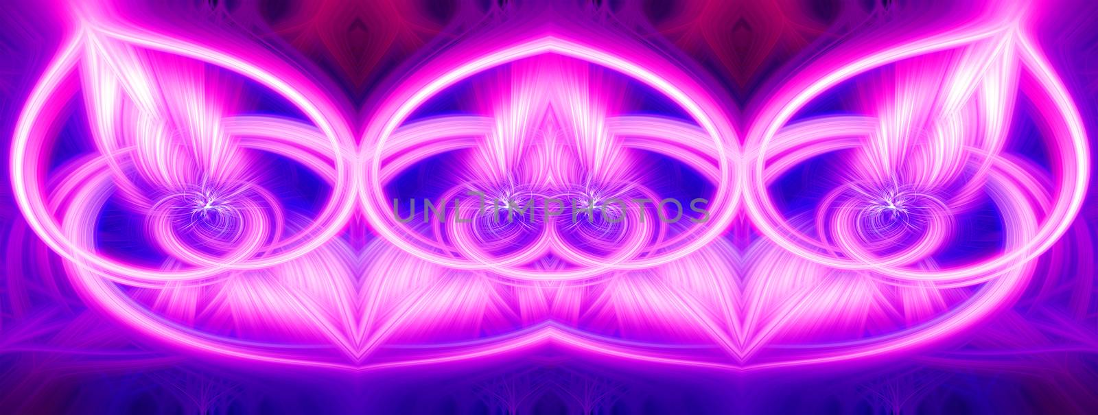 Beautiful abstract intertwined glowing 3d fibers forming a shape of sparkle, flame, flower, interlinked hearts. Blue, maroon, pink, and purple colors. Banner size. Illustration.