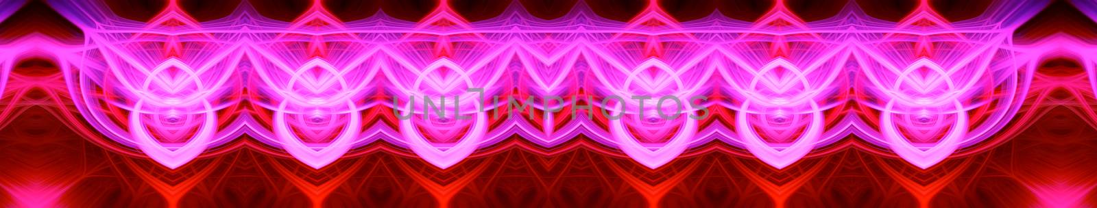 Beautiful abstract intertwined glowing 3d fibers forming a shape of pointy domes, sparkle, flame, flower, interlinked hearts. Purple, maroon, pink, and red colors. Banner size. Illustration.