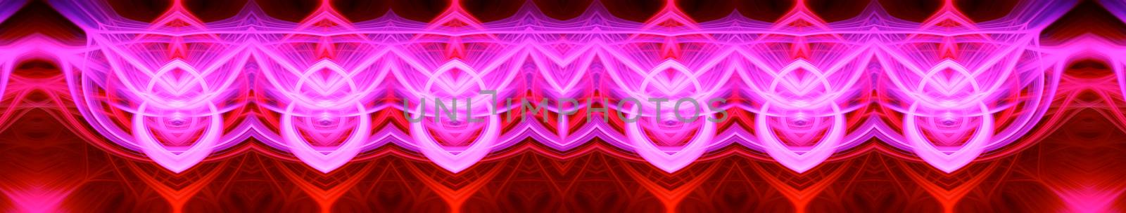Beautiful abstract intertwined glowing 3d fibers forming a shape of pointy domes, sparkle, flame, flower, interlinked hearts. Purple, maroon, pink, and red colors. Banner size. Illustration.