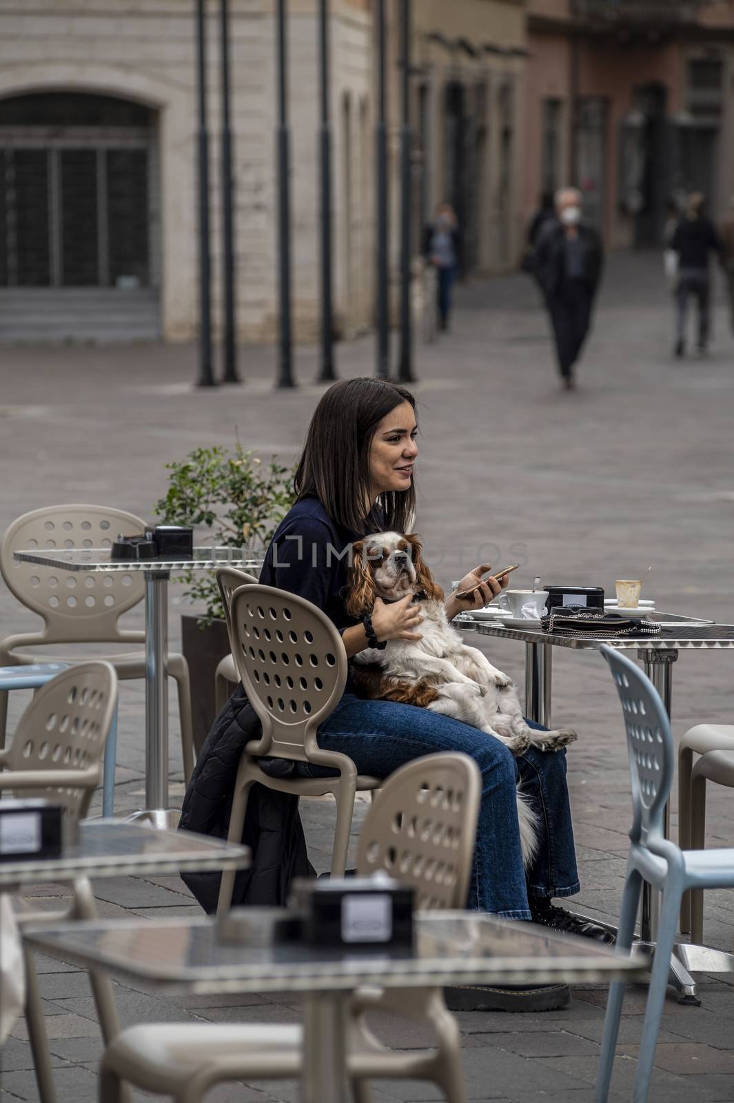 girl holding a little dog sitting at the bar by carfedeph