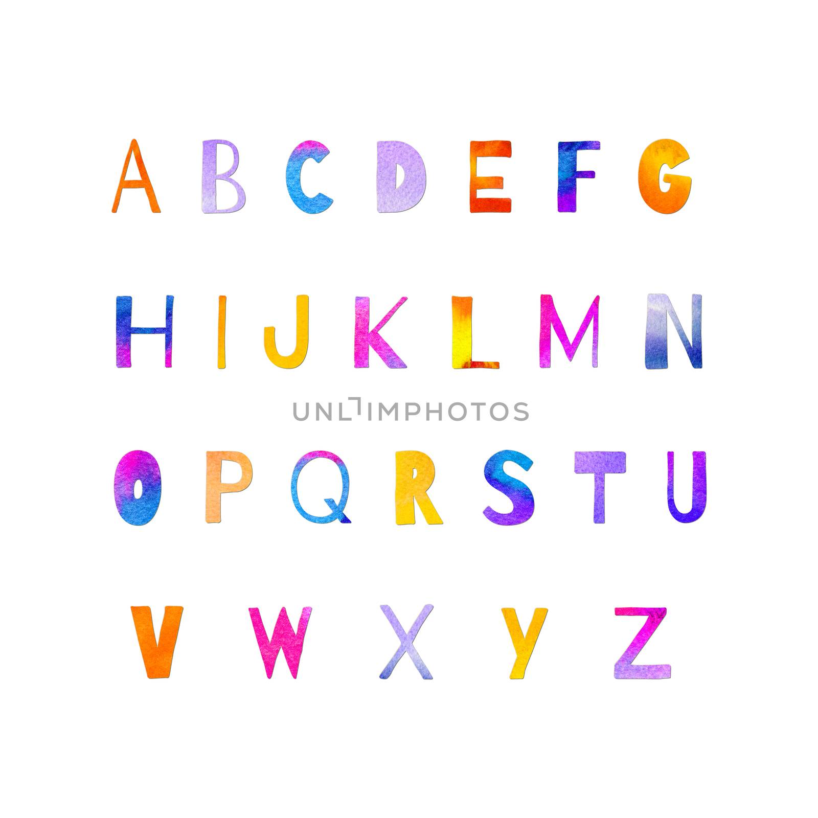Hand painted watercolor alphabet letters in violet, blue, orange, yellow, pink colors. Collage of paper-cut abc elements isolated on white. Artistic lettering set perfect for print, poster.