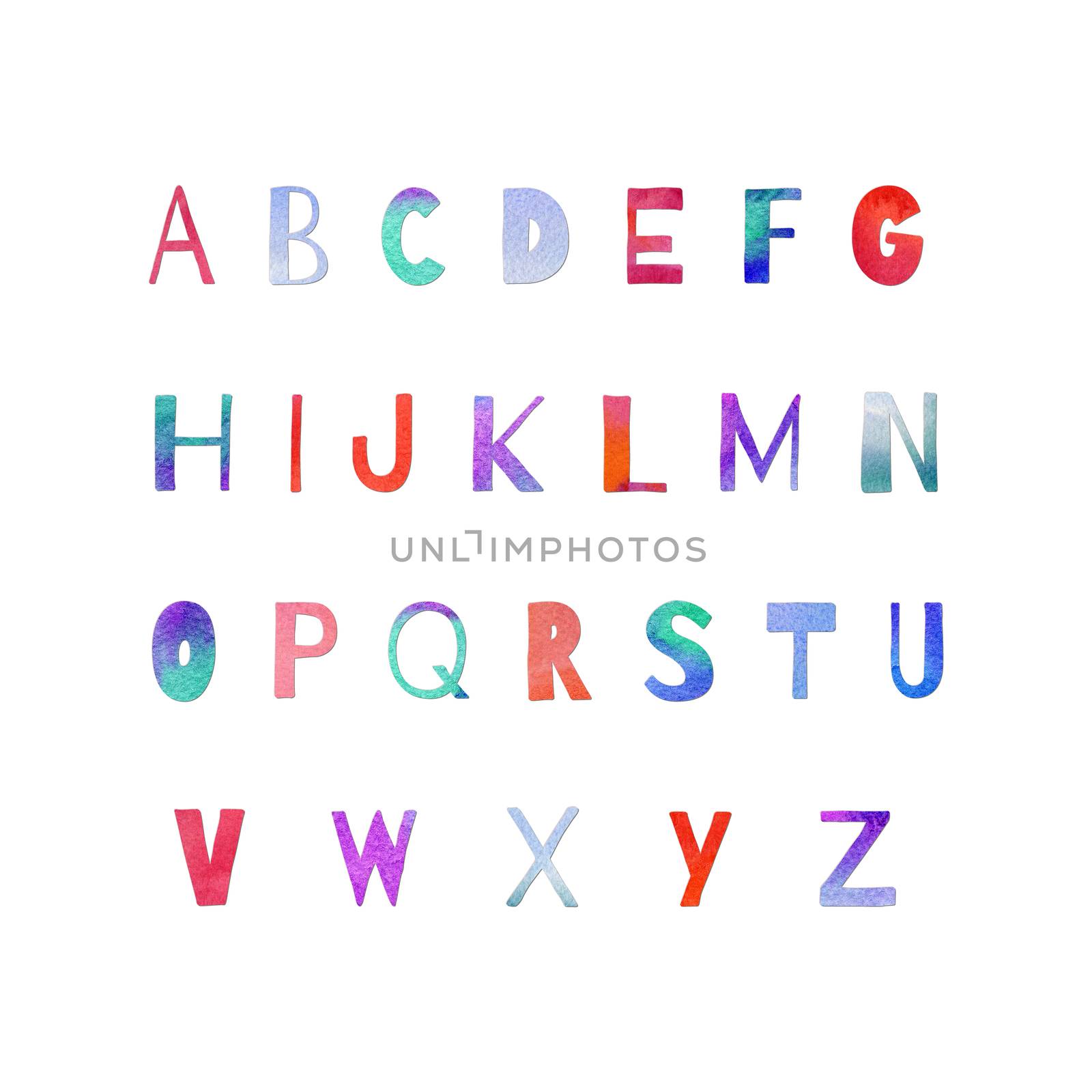 Hand painted watercolor alphabet letters in violet, blue and pink colors by LanaLeta