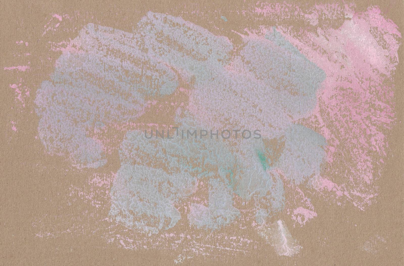 Hand-drawn texture, monotype. Stains of pink and light green paint on brown craft paper. Textured background, collage material for designs, titles, price tags, flyers, wallpapers, covers and packaging