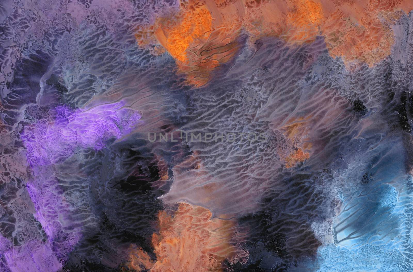 Hand-drawn texture, monotype, abstract background gouache painting, paint splashes, drops, strokes in grey, blue, orange, purple colors. Design for backgrounds, collages, designs, titles, price tags, flyers, wallpapers, covers and packaging.