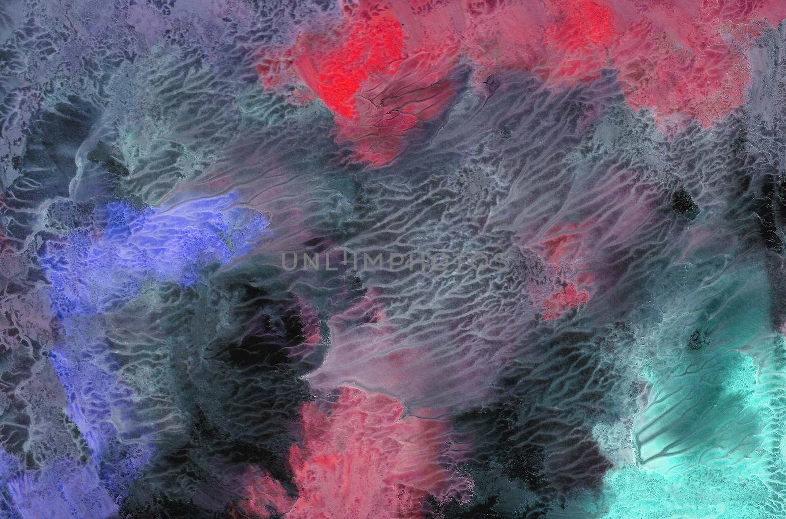 Hand-drawn texture, monotype, abstract background gouache painting, paint splashes, drops, strokes in grey, black, purple, red, green colors. Design for backgrounds, collages, designs, titles, price tags, flyers, wallpapers, covers and packaging.