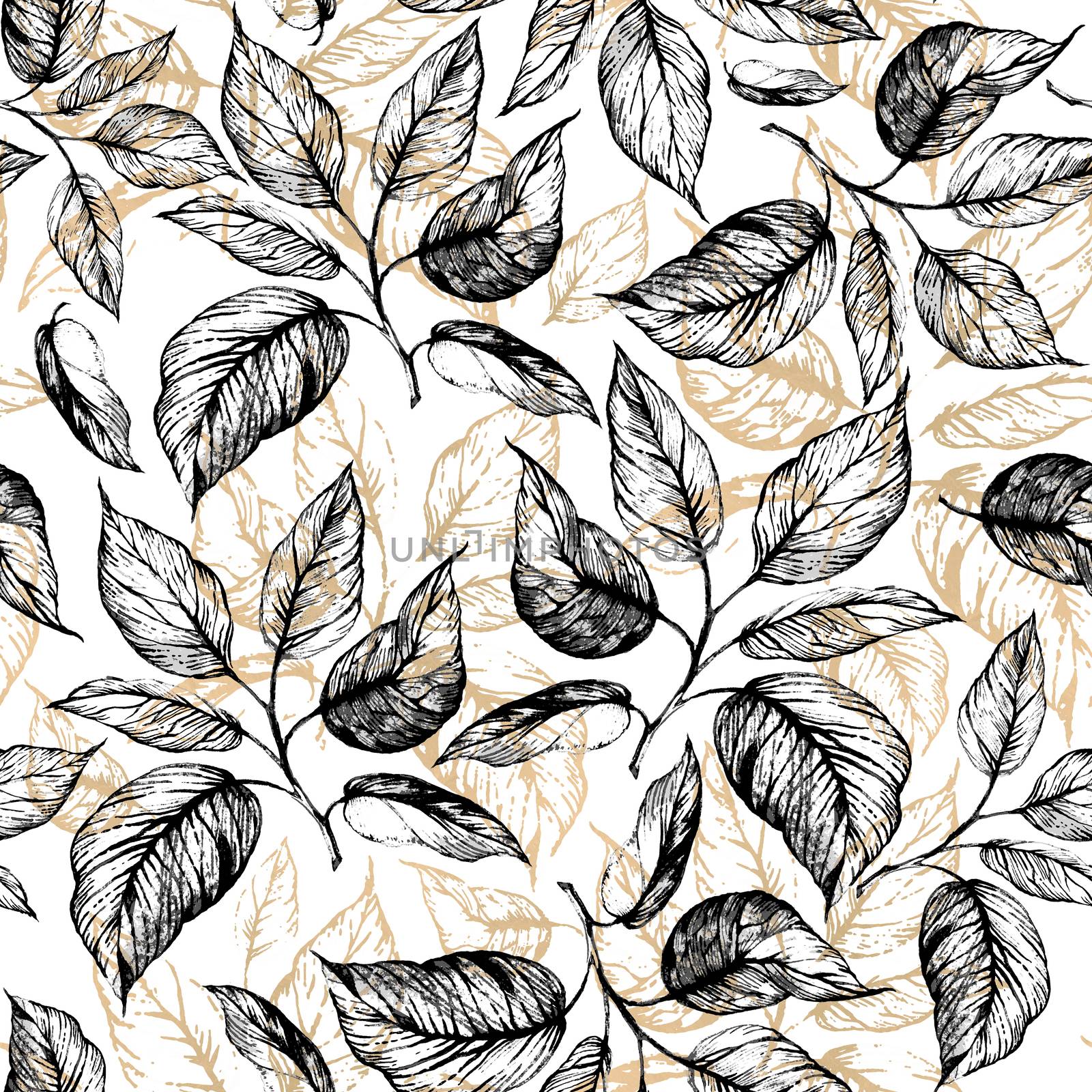 Seamless pattern - Hand drawn twig with leaves in gray scale and leaves contour of golden foil on white. Design for wallpaper, textile, fabric, bookend, wrapping.