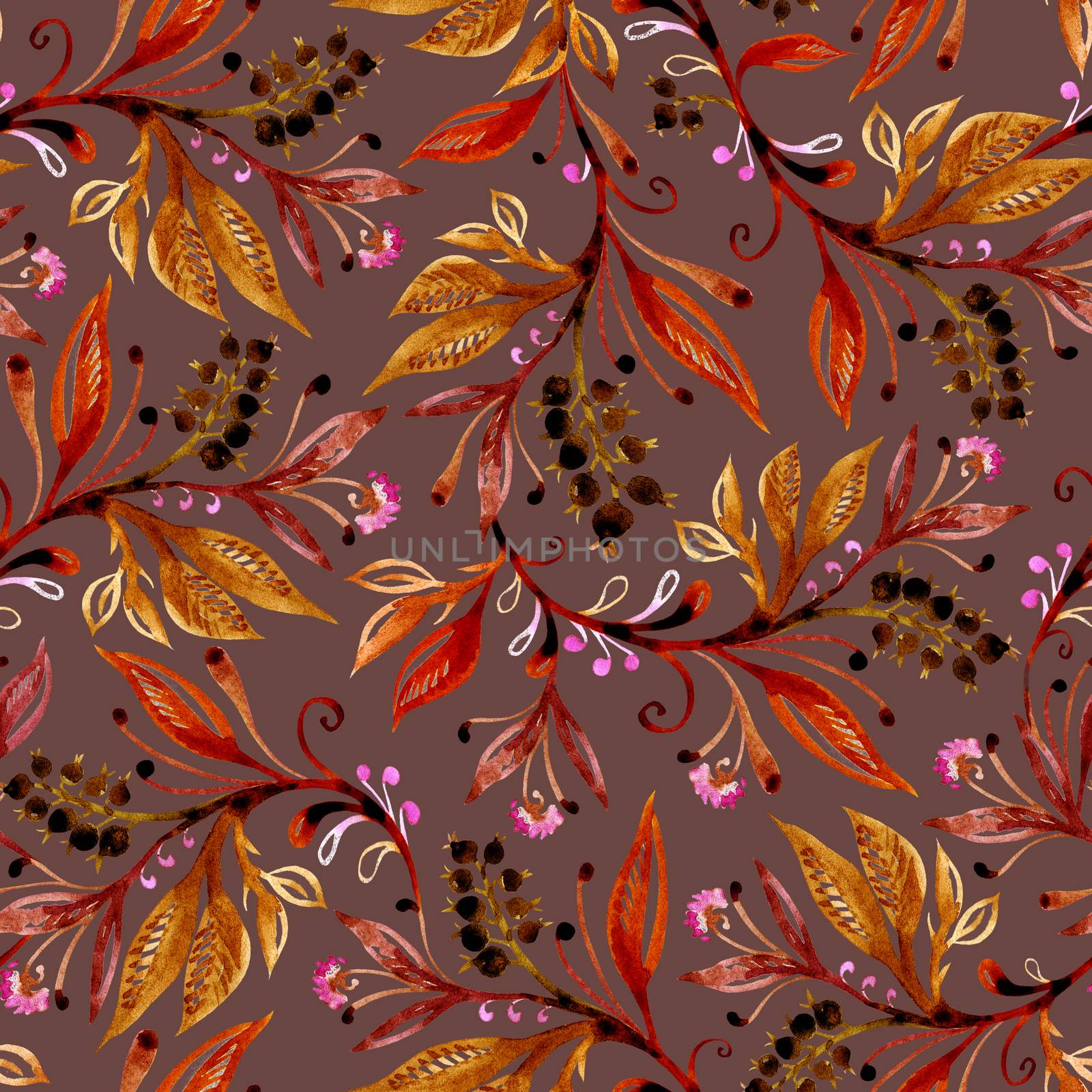 Floral watercolor seamless pattern with leaves and berries in autumn colors. by LanaLeta