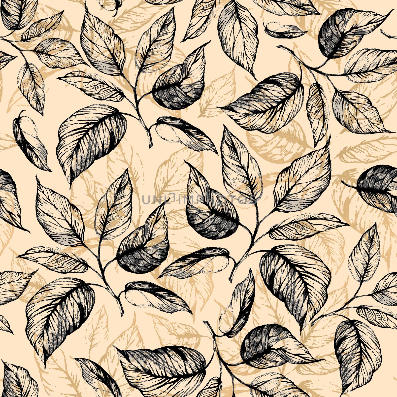 Seamless pattern - Hand drawn twig with leaves in gray scale and leaves contour of golden foil on beige background. Design for wallpaper, textile, fabric, bookend, wrapping.